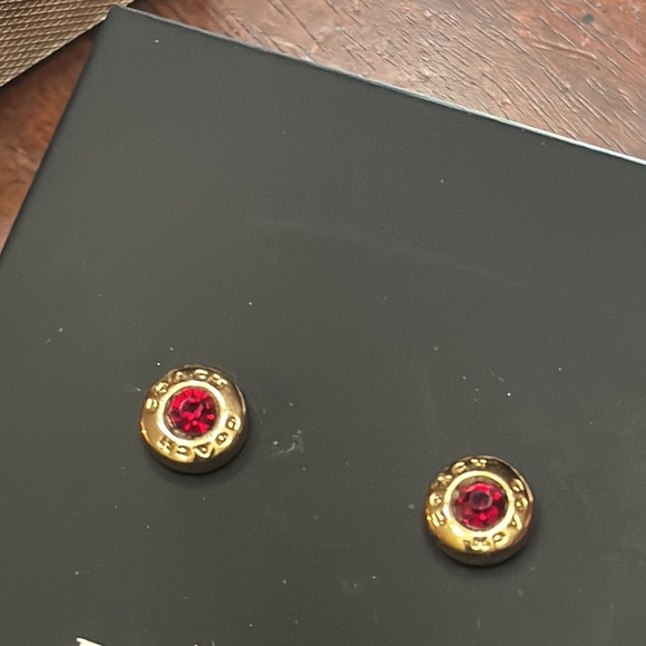 Coach Open circle Red Stone Gold Stud Pieced Earring In Logo w/ Gift Box - Picture 4 of 10